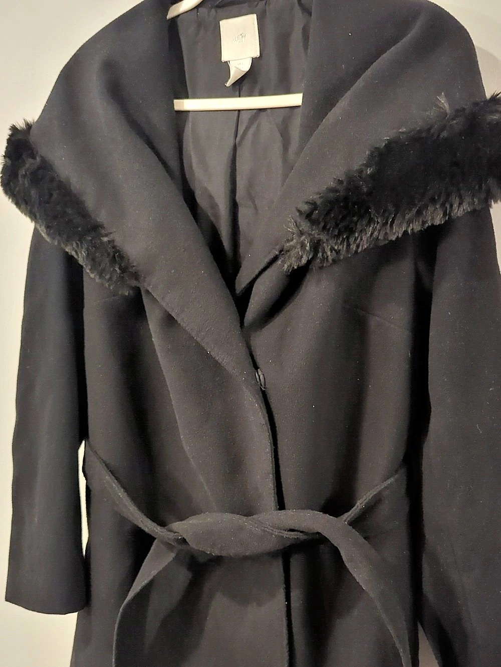 H&M Black Faux Fur Collar Trench Coat Size Large Belted image 2